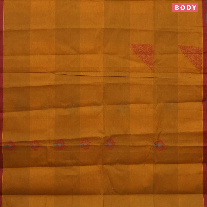 Nithyam cotton saree mustard shade and maroon with thread woven buttas and simple border