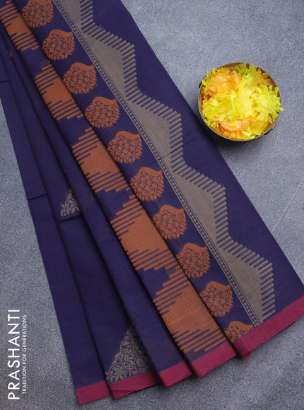 Nithyam cotton saree dark blue and maroon with thread woven buttas and simple border