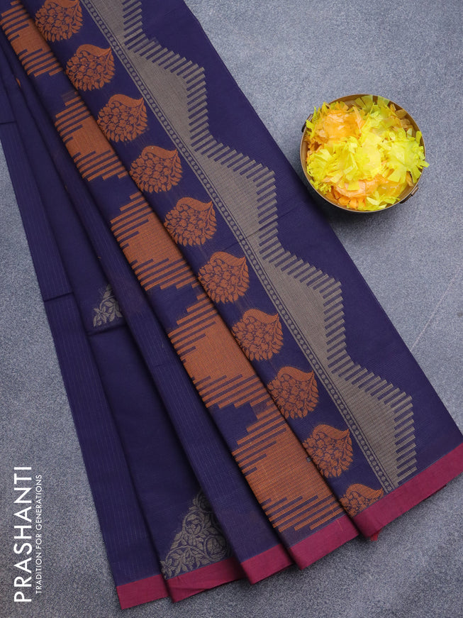 Nithyam cotton saree dark blue and maroon with thread woven buttas and simple border