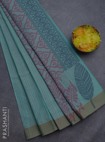 Nithyam cotton saree teal blue and beige with allover thread weaves and thread woven border