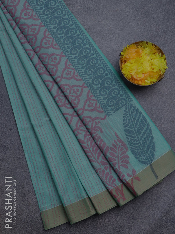 Nithyam cotton saree teal blue and beige with allover thread weaves and thread woven border