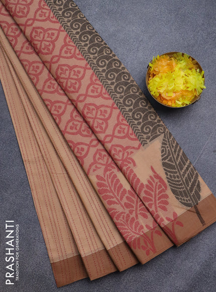 Nithyam cotton saree sandal and pastel brown with allover thread weaves and thread woven border