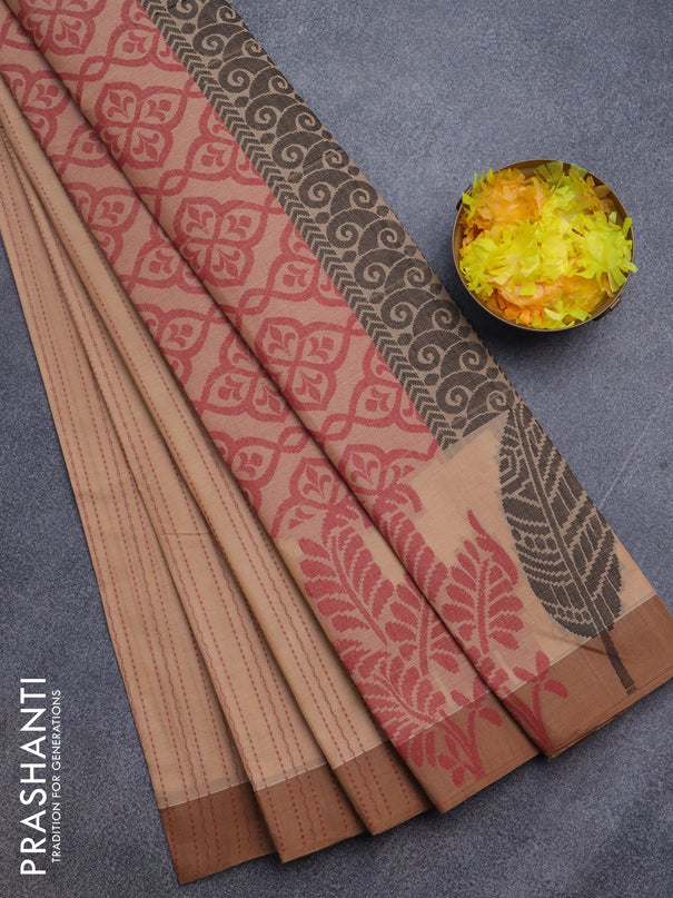 Nithyam cotton saree sandal and pastel brown with allover thread weaves and thread woven border