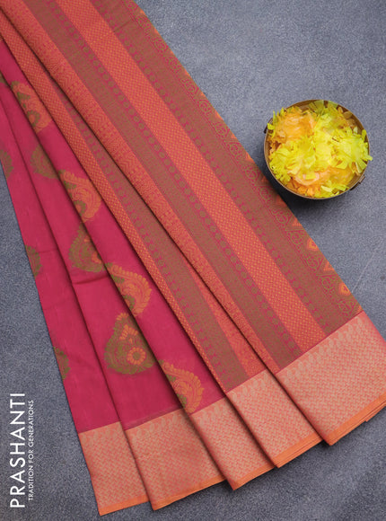 Nithyam cotton saree pink and orange with allover self emboss & thread buttas and thread woven border