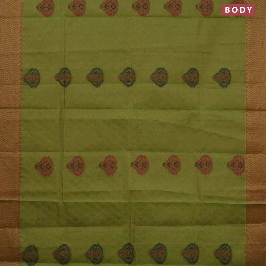 Nithyam cotton saree light green and maroon shade with allover self emboss & thread buttas and thread woven border