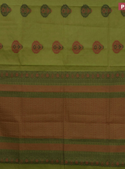 Nithyam cotton saree light green and maroon shade with allover self emboss & thread buttas and thread woven border