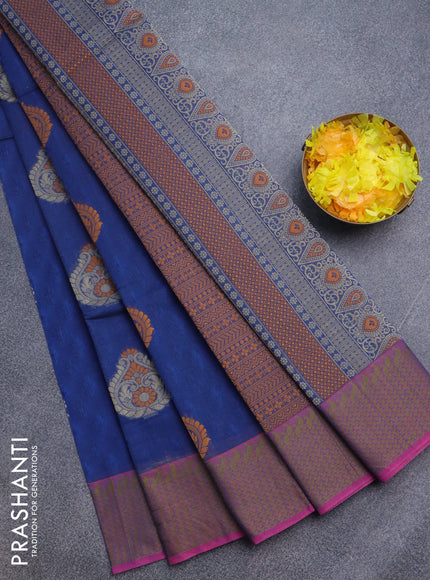 Nithyam cotton saree blue and pink with allover self emboss & thread buttas and thread woven border