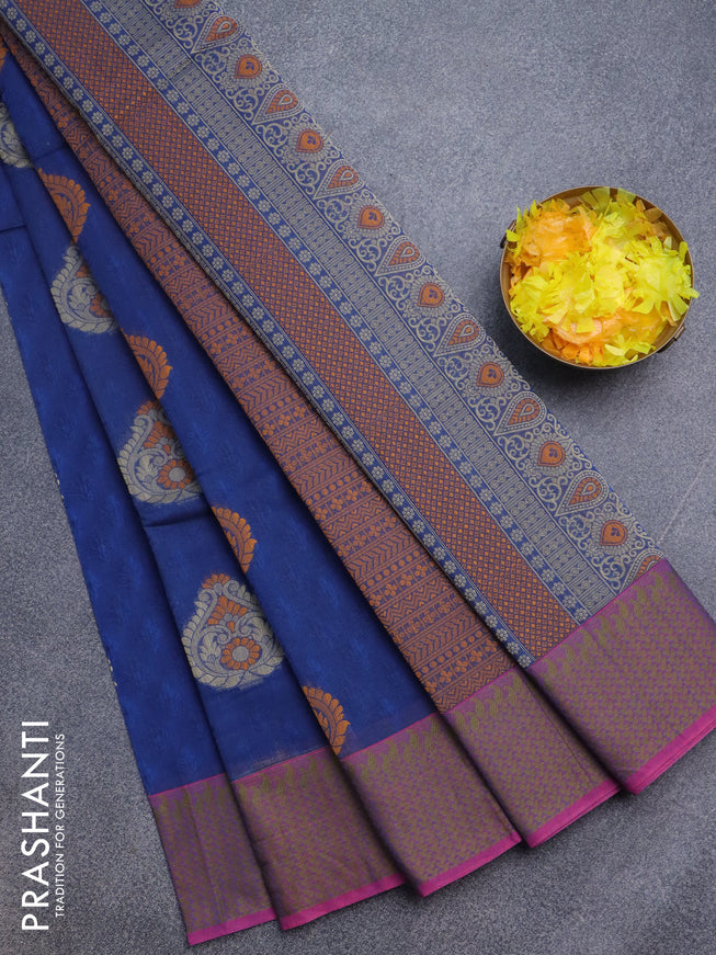 Nithyam cotton saree blue and pink with allover self emboss & thread buttas and thread woven border