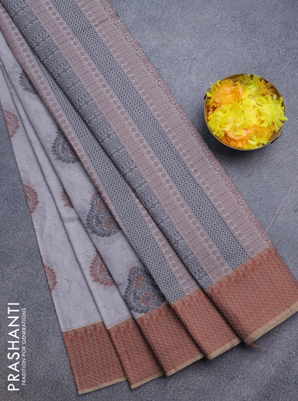 Nithyam cotton saree grey shade with allover self emboss & thread buttas and thread woven border