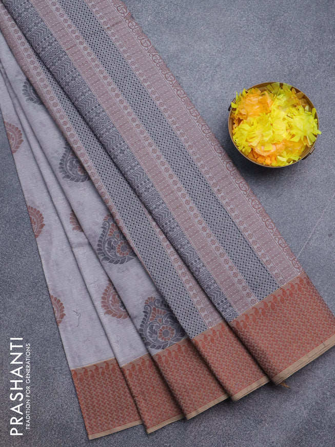 Nithyam cotton saree grey shade with allover self emboss & thread buttas and thread woven border