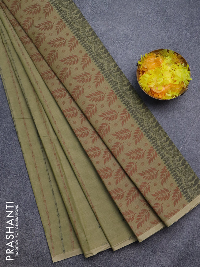 Nithyam cotton saree pista green with allover thread weaves & buttas and simple border