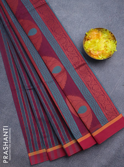 Nithyam cotton saree dark magenta pink with allover thread & copper zari weaves and simple border