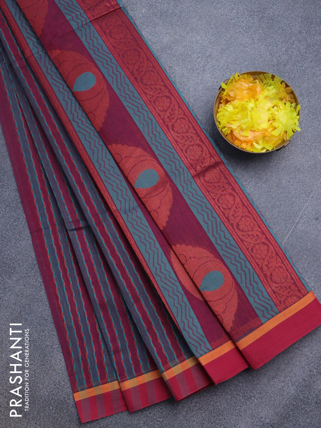 Nithyam cotton saree dark magenta pink with allover thread & copper zari weaves and simple border