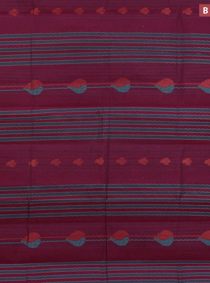 Nithyam cotton saree dark magenta pink with allover thread & copper zari weaves and simple border