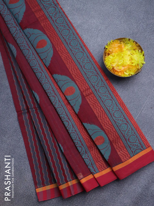 Nithyam cotton saree maroon and red with allover thread & copper zari weaves and simple border