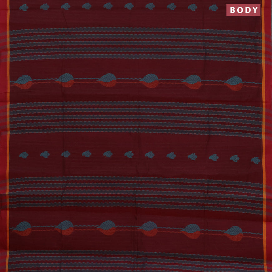 Nithyam cotton saree maroon and red with allover thread & copper zari weaves and simple border