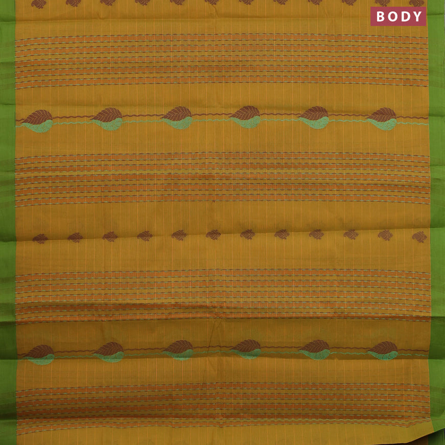 Nithyam cotton saree mustard yellow and light green with allover thread & zari weaves and simple border