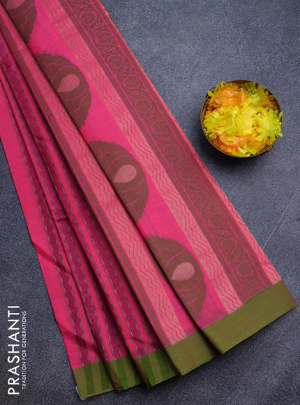 Nithyam cotton saree pink and green with allover thread & zari weaves and simple border