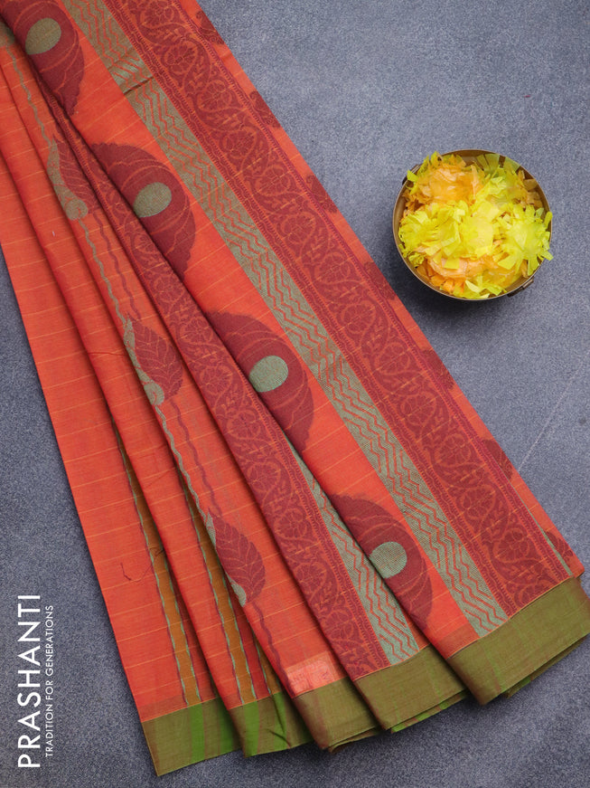 Nithyam cotton saree orange and green with allover thread & zari weaves and simple border