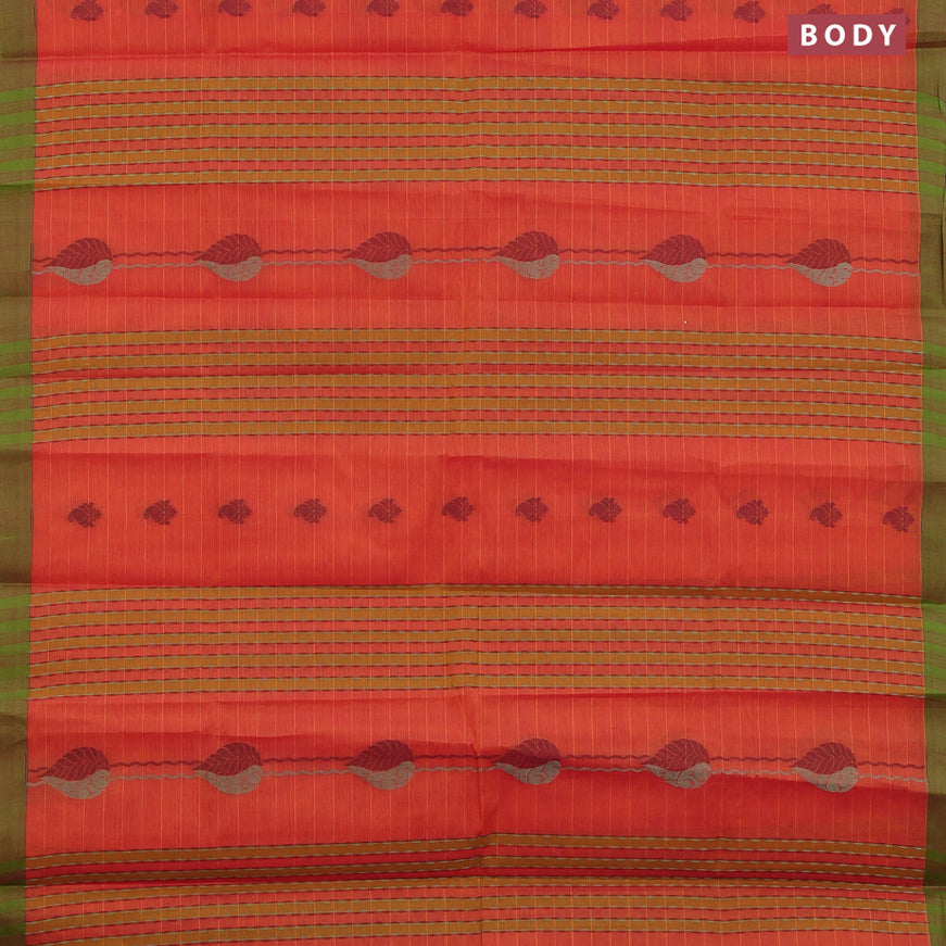 Nithyam cotton saree orange and green with allover thread & zari weaves and simple border