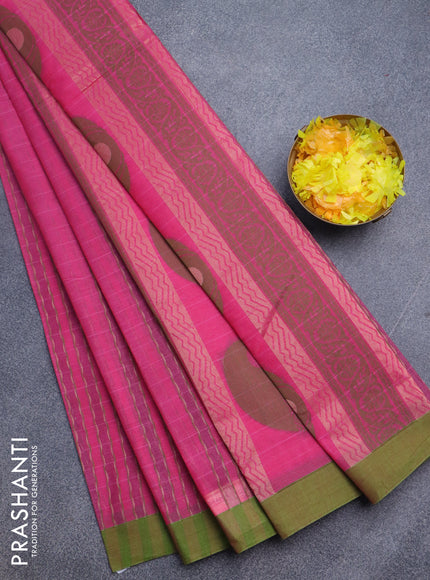 Nithyam cotton saree pink and green with allover thread & copper zari weaves and simple border