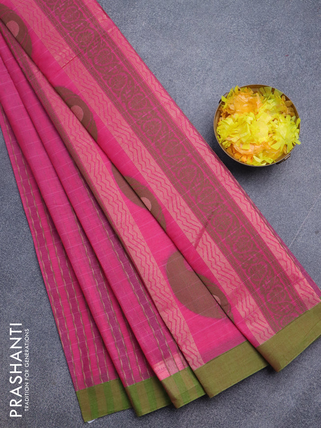 Nithyam cotton saree pink and green with allover thread & copper zari weaves and simple border