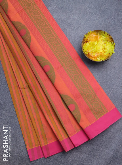 Nithyam cotton saree dual shade of orange and pink with allover thread & zari weaves and simple border