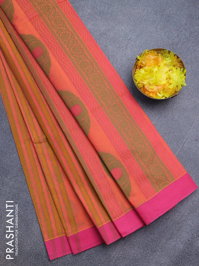 Nithyam cotton saree dual shade of orange and pink with allover thread & zari weaves and simple border