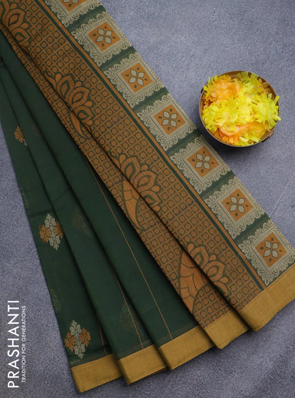 Nithyam cotton saree dark green and mustard shade with allover thread strips & buttas and simple border