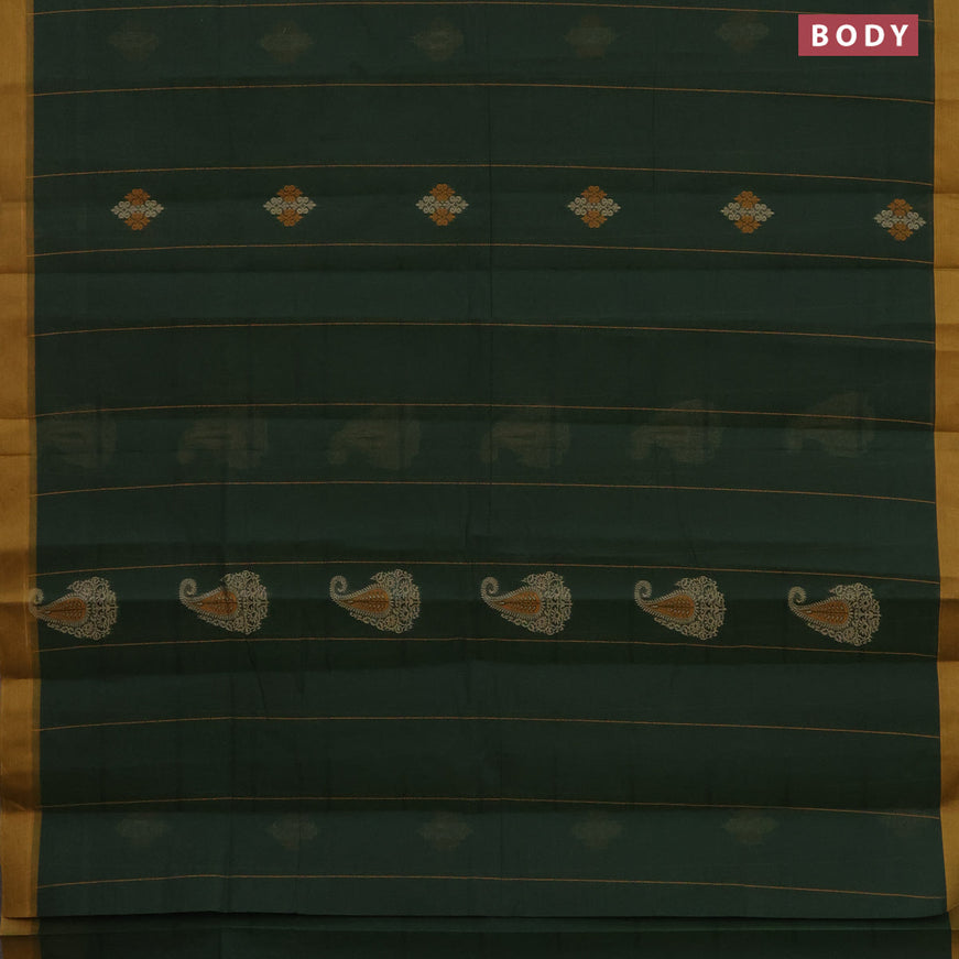 Nithyam cotton saree dark green and mustard shade with allover thread strips & buttas and simple border