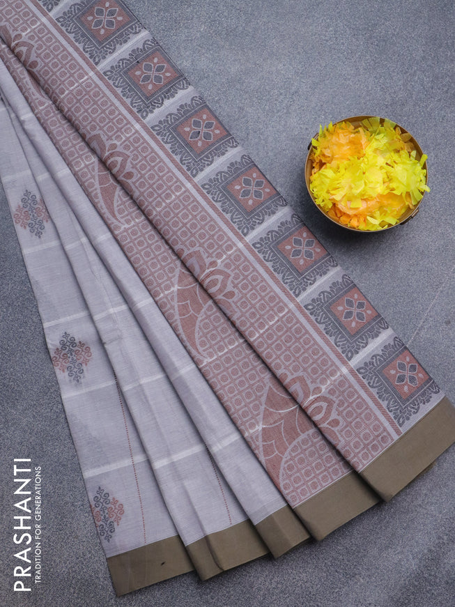 Nithyam cotton saree grey and sap green with allover thread strips & buttas and simple border