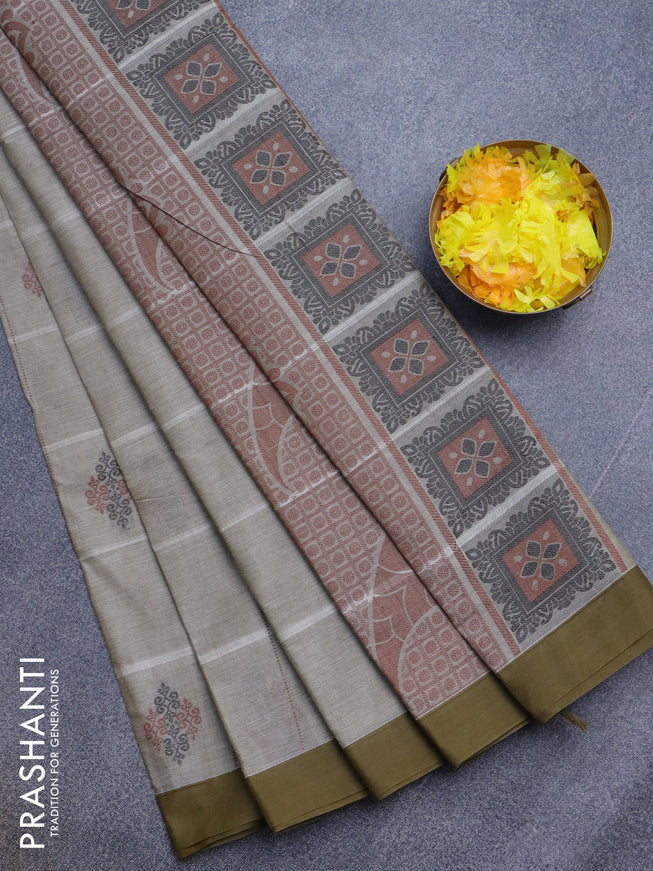 Nithyam cotton saree grey shade and sap green with allover thread strips & buttas and simple border