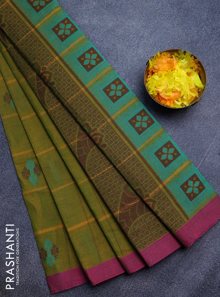 Nithyam cotton saree dual shade of mustard green and pink with allover thread strips & buttas and simple border