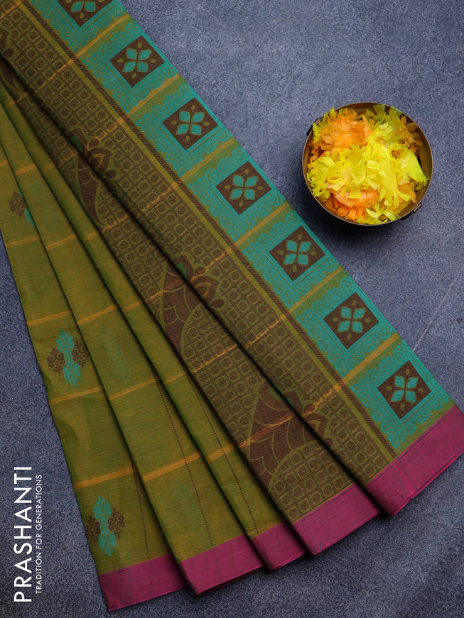 Nithyam cotton saree dual shade of mustard green and pink with allover thread strips & buttas and simple border