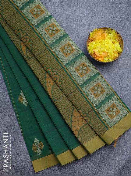 Nithyam cotton saree green and dual shade of mustard with allover thread strips & buttas and simple border