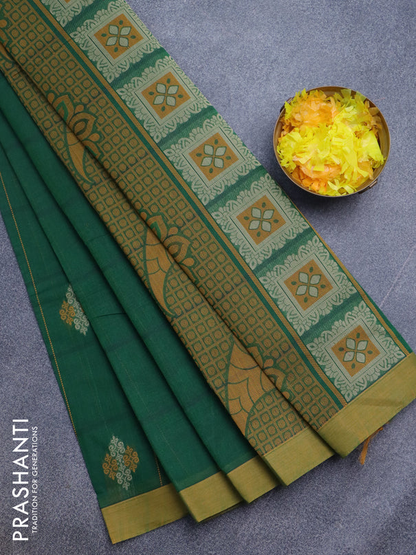 Nithyam cotton saree green and dual shade of mustard with allover thread strips & buttas and simple border