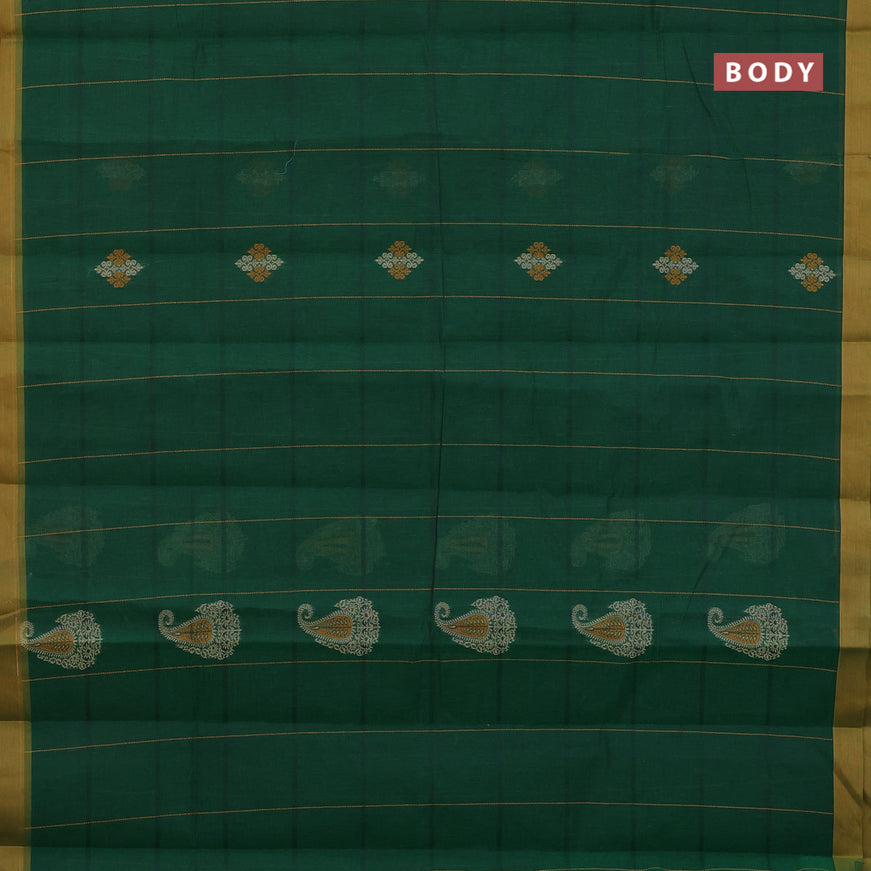 Nithyam cotton saree green and dual shade of mustard with allover thread strips & buttas and simple border