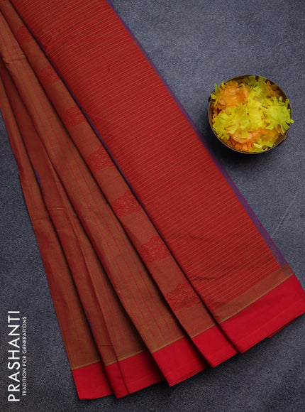 Nithyam cotton saree dual shade of mustard and pink shade with allover thread stripe & buttas and simple border