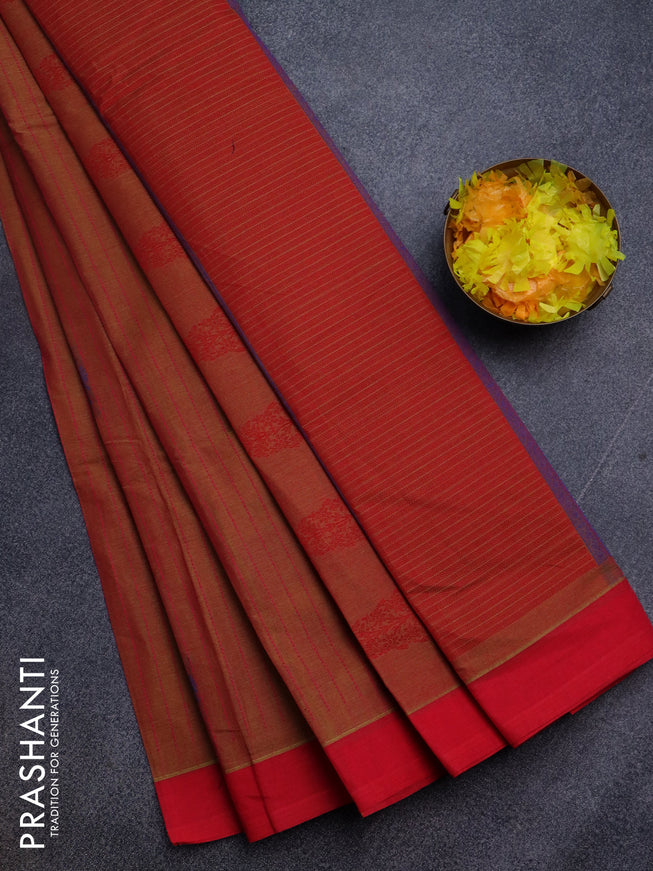 Nithyam cotton saree dual shade of mustard and pink shade with allover thread stripe & buttas and simple border