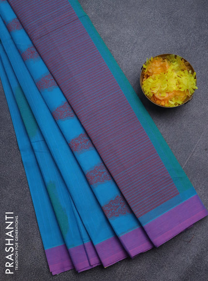 Nithyam cotton saree blue and pink with allover thread stripe & buttas and simple border