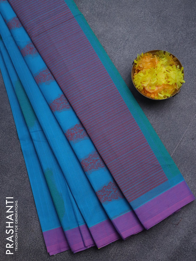 Nithyam cotton saree blue and pink with allover thread stripe & buttas and simple border