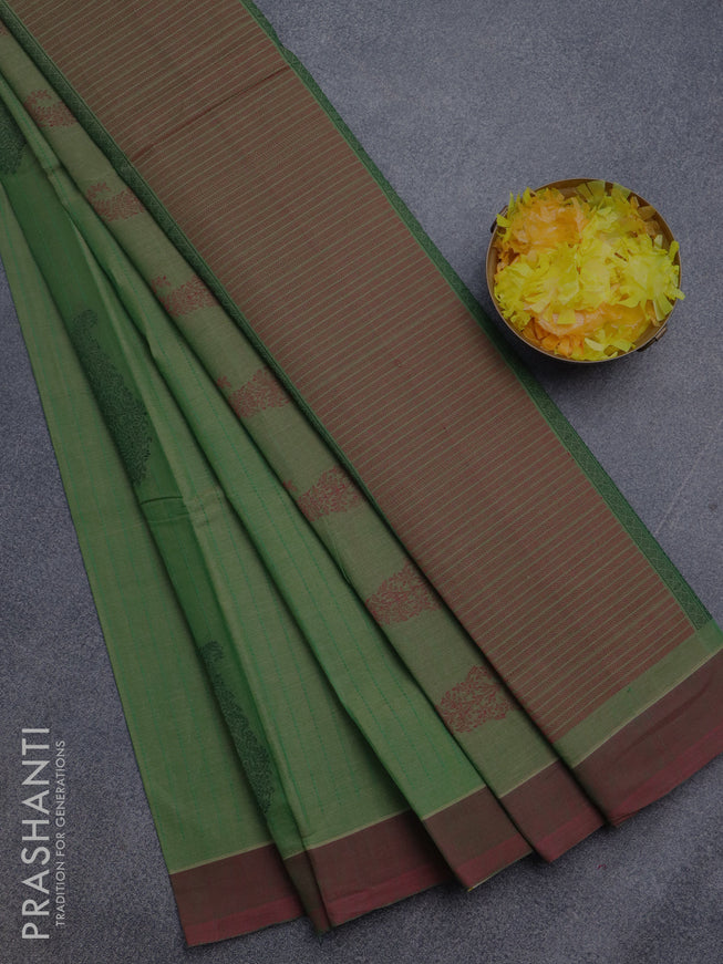 Nithyam cotton saree dual shade of green and dual shade of maroon with allover thread stripe & buttas and simple border