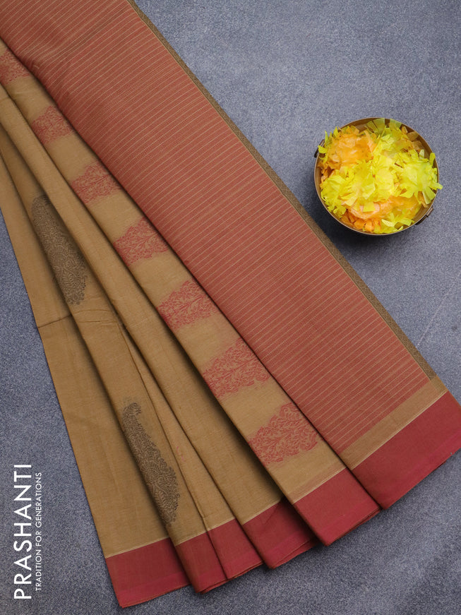 Nithyam cotton saree dark sandal and maroon with allover thread stripe & buttas and simple border