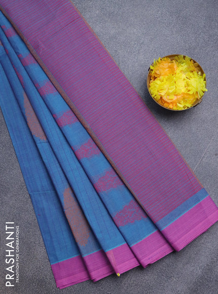 Nithyam cotton saree dual shade of blue and pink with allover thread stripe & buttas and simple border