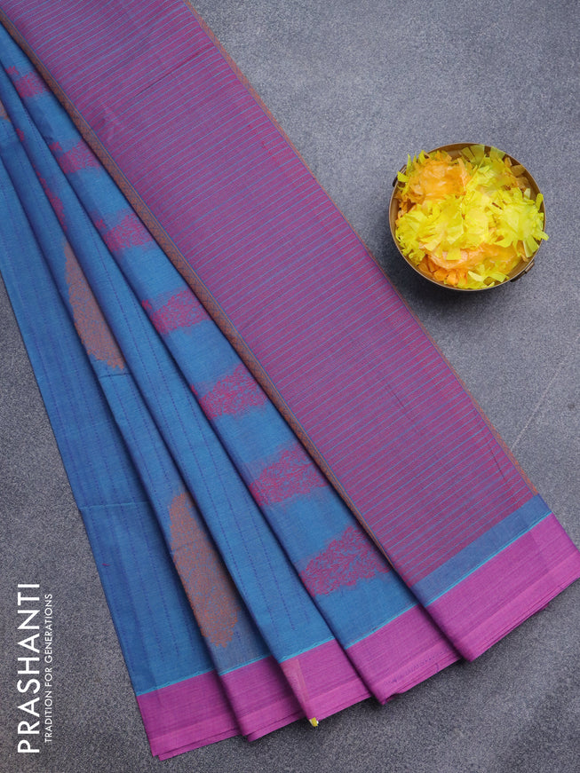 Nithyam cotton saree dual shade of blue and pink with allover thread stripe & buttas and simple border