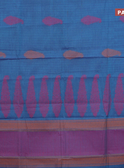 Nithyam cotton saree dual shade of blue and pink with allover thread stripe & buttas and simple border