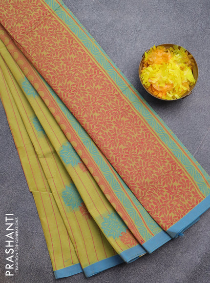 Nithyam cotton saree lime yellow and blue with allover thread stripe & buttas and simple border