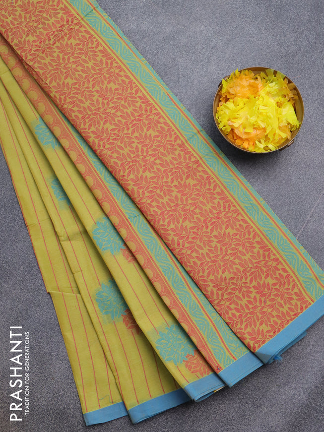 Nithyam cotton saree lime yellow and blue with allover thread stripe & buttas and simple border