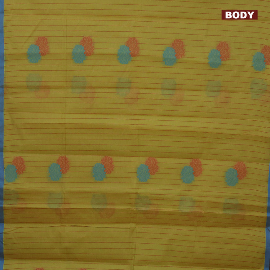 Nithyam cotton saree lime yellow and blue with allover thread stripe & buttas and simple border