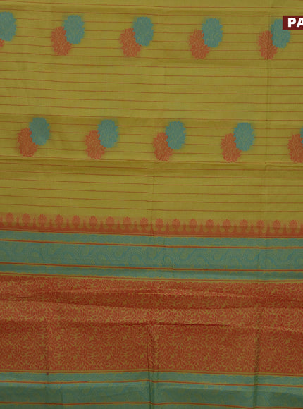 Nithyam cotton saree lime yellow and blue with allover thread stripe & buttas and simple border